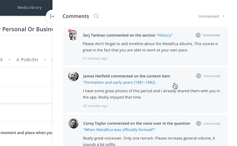 Leave comments on Easygenerator courses