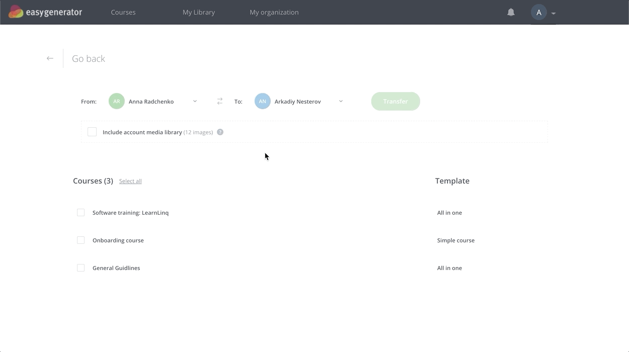 This is the third step to transfer your media library with Easygenerator
