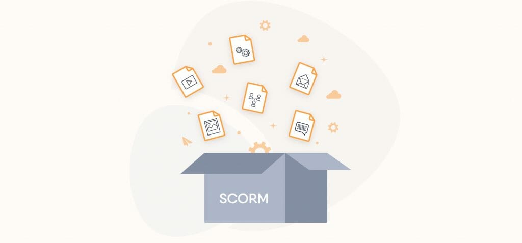 Illustration eines grauen Kartons mit der Aufschrift „SCORM“, aus dem verschiedene Dokumente mit schwarzen Symbolen und orangefarbener Umrandung herausfliegen.