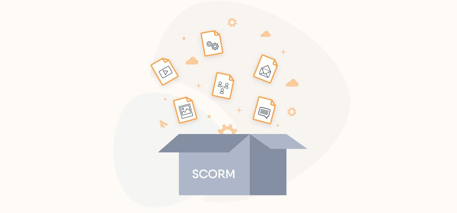 Illustration eines grauen Kartons mit der Aufschrift „SCORM“, aus dem verschiedene Dokumente mit schwarzen Symbolen und orangefarbener Umrandung herausfliegen.