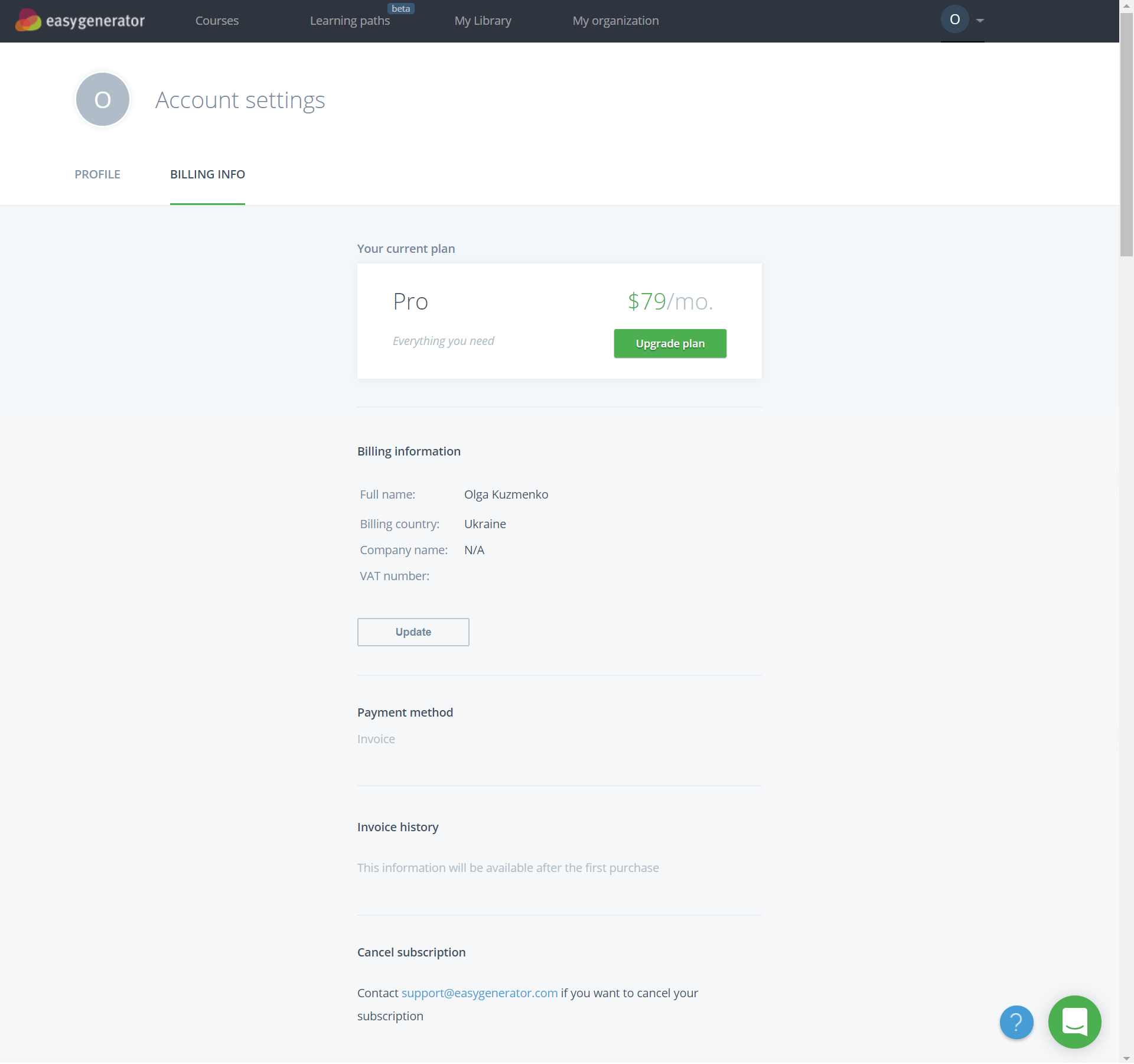 Billing Info and Account Settings Easygenerator Knowledge Base