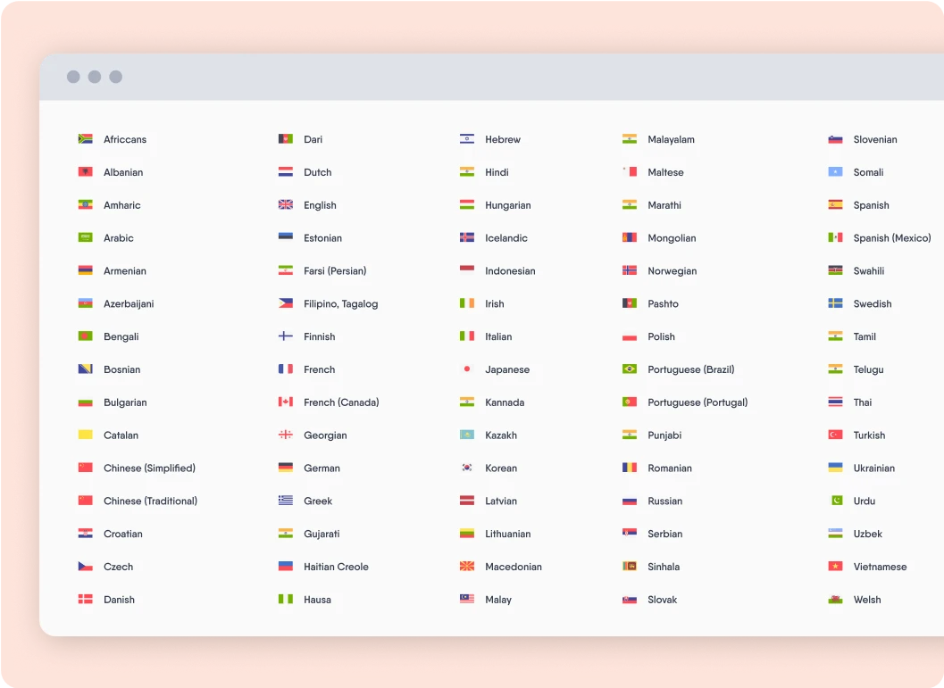 Pantalla de Easygenerator con un listado de idiomas junto con las banderas correspondientes a los países donde se hablan.